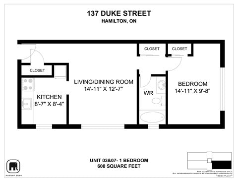 Floor plan for 1 bed, 1 bath, 608 sqft